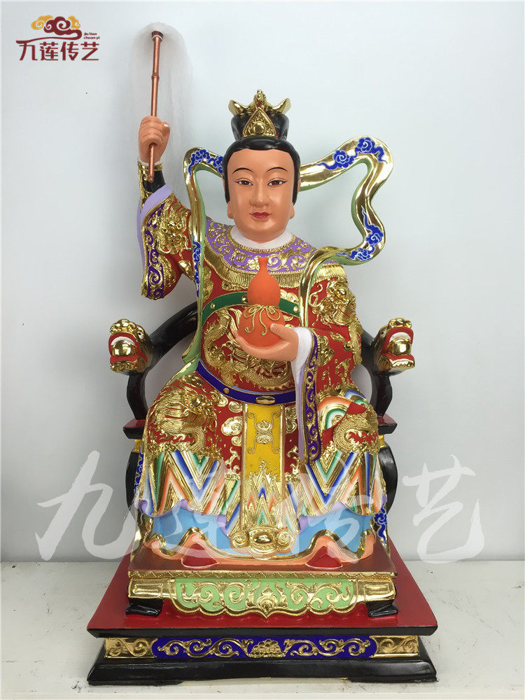 木雕神像九天玄女九天圣母天尊樟木手工传统漆线雕60公分九莲木雕