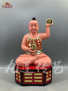 木雕神像金英祖师日月童子金英教祖师爷樟香木手工漆线雕九莲木雕