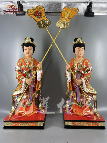 古典漆线雕香樟木手工宫女神像