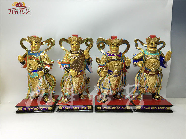 木雕神像四大天王持国增长广目多闻天王香樟木漆线雕40cm九莲木雕