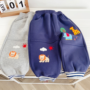 子加绒运动卡通保暖休闲裤 男童女童裤 加绒小动物儿童长裤 日系新款