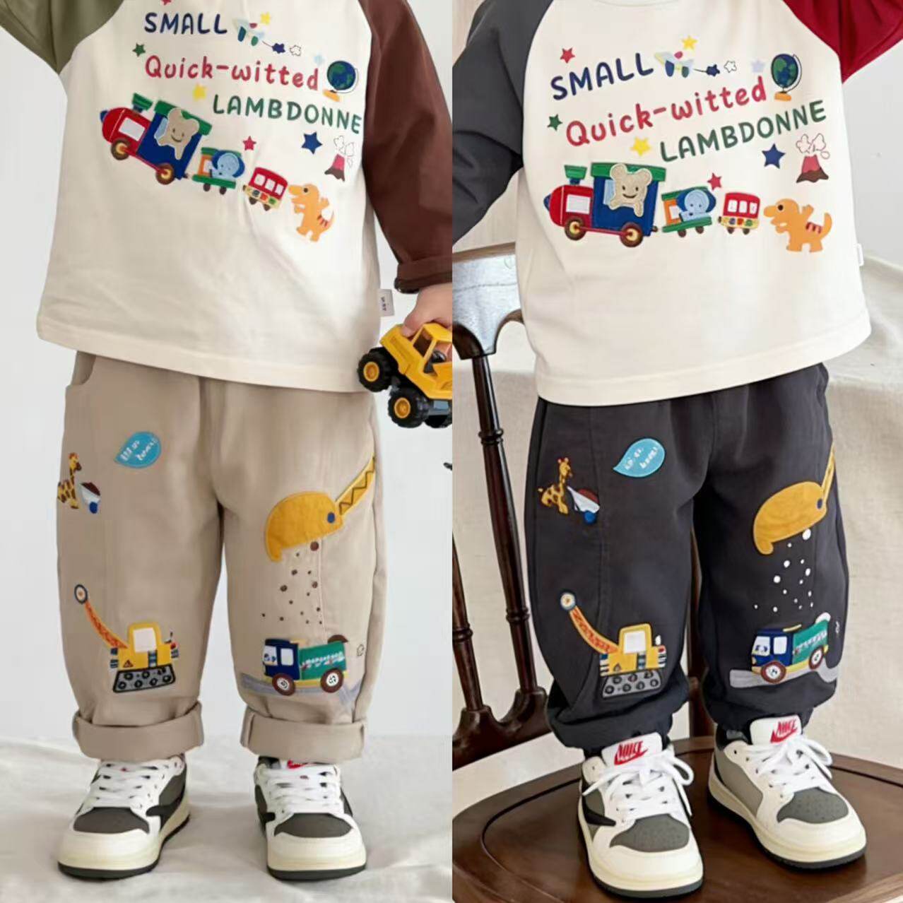 儿童长裤春款日系男童长裤子卡通挖掘机刺绣男宝宝梭织纯棉长裤