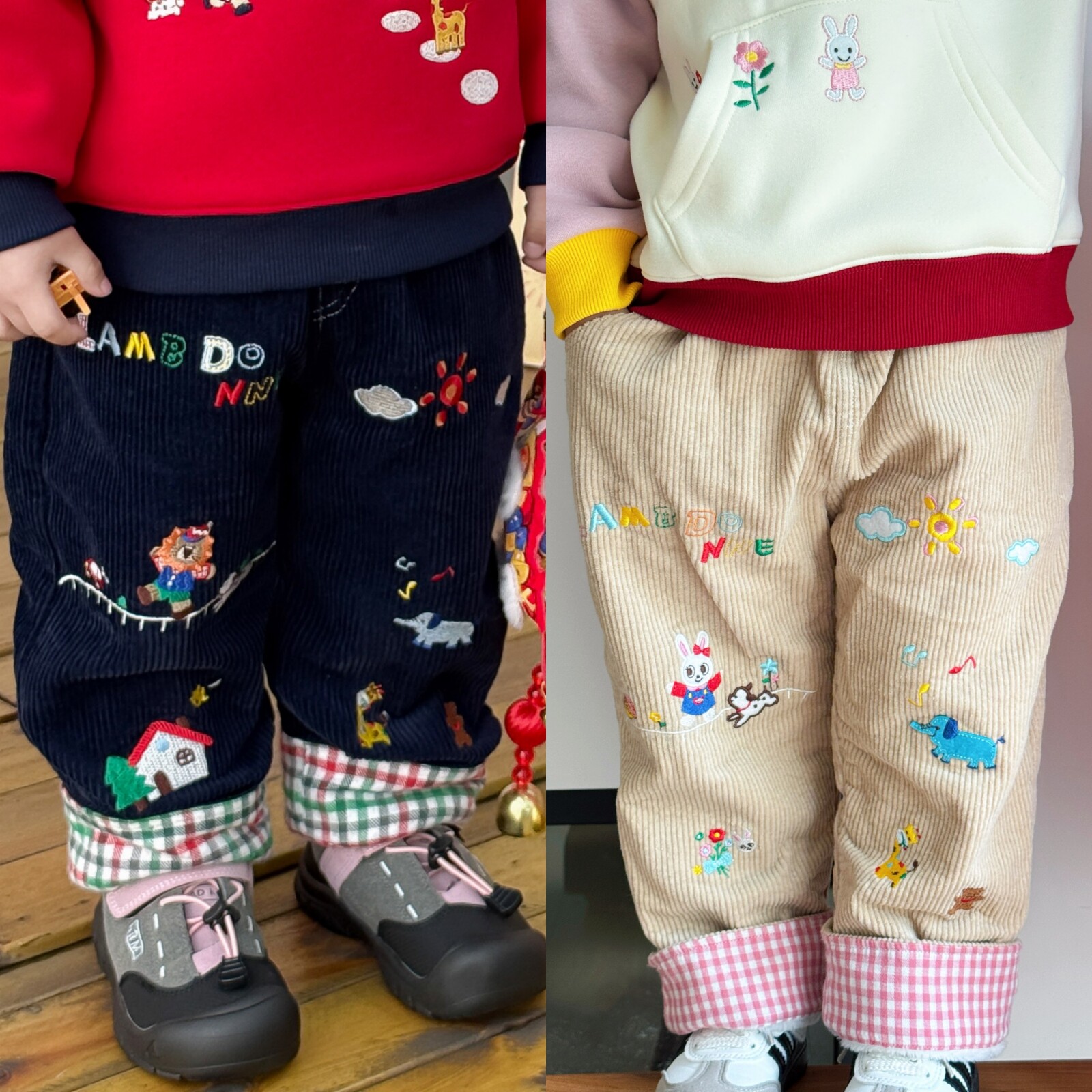 儿童加绒长裤冬装小男童灯芯绒较厚男宝宝加绒裤子卡通刺绣童装