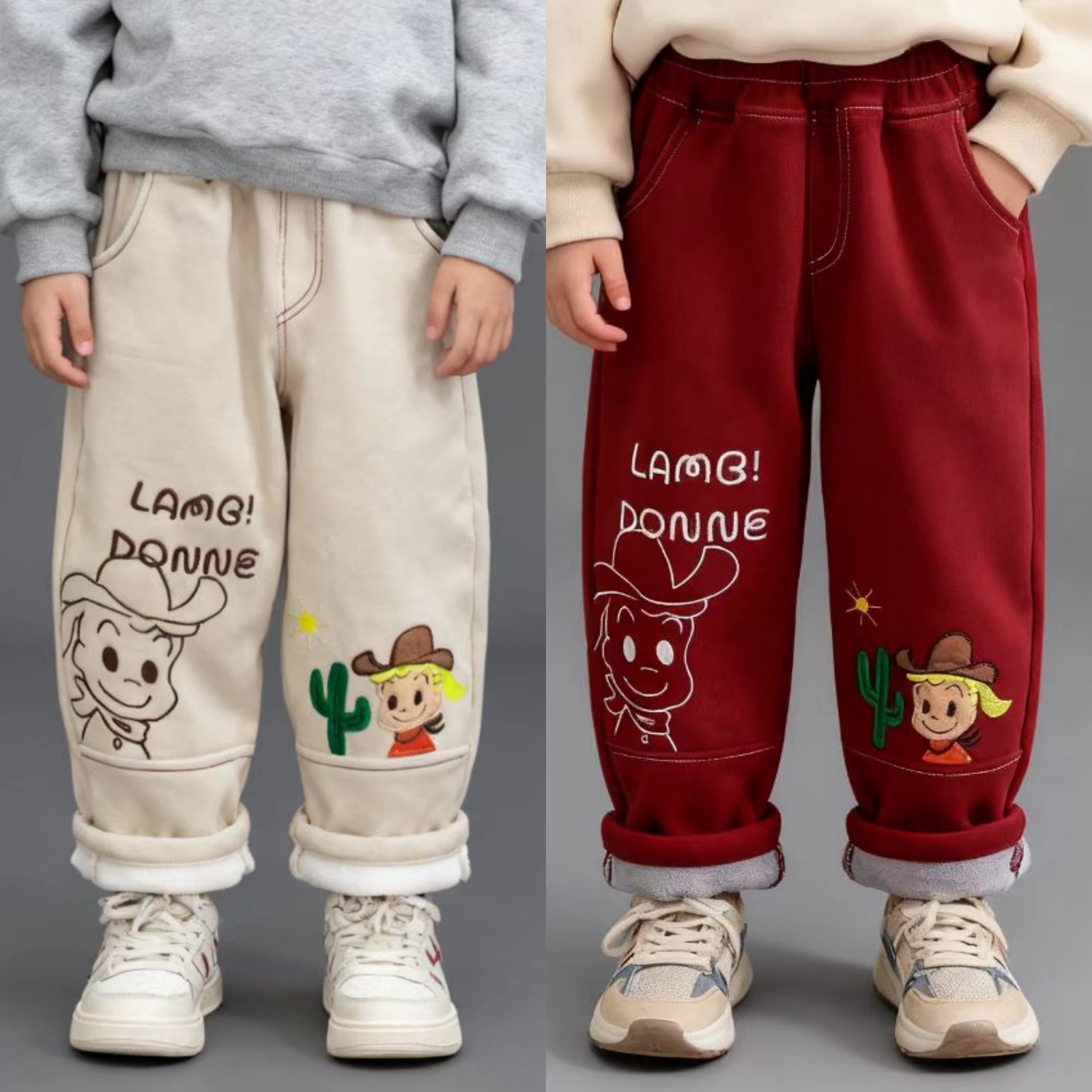 儿童加绒裤子秋冬款男童长裤男宝裤子卡通刺绣原田治宝宝裤子童装
