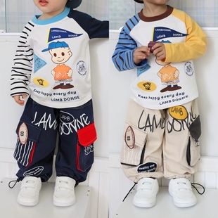 儿童裤子秋款男童工装长裤男宝裤子卡通刺绣原田治宝宝裤子童装