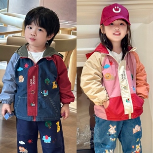 25年秋冬男童加绒外套可爱女童加绒连帽外套小动物刺绣保暖童装