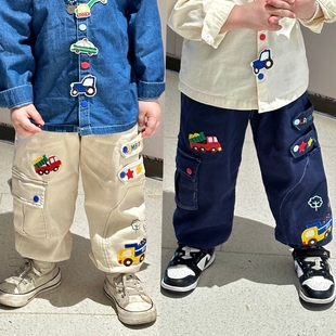 儿童长裤日系26春装男童加绒长裤子卡通工程车刺绣宝宝长裤束脚