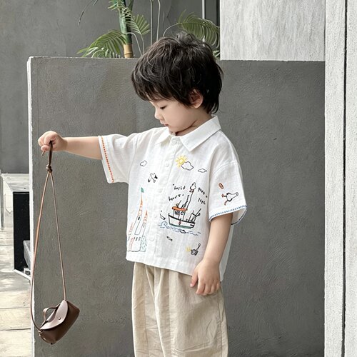 男童夏季凉感卡通刺绣短袖衬衫