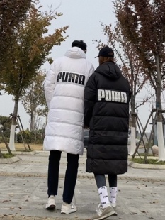 PUMA彪马中长款羽绒服黑白色情侣保暖防风连帽运动休闲上衣585403