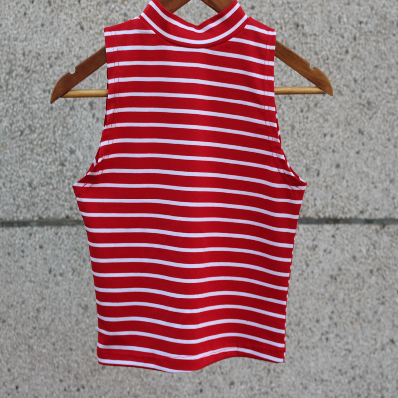 莫妮卡同款纯棉半高领背心女短款欧美条纹无袖T恤修身肚脐打底衫