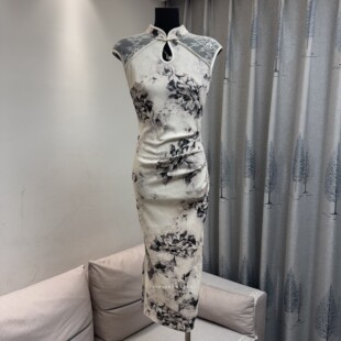 超值特价！Luo高级感水墨画旗袍烫金印花拼接蕾丝水滴领包臀长裙