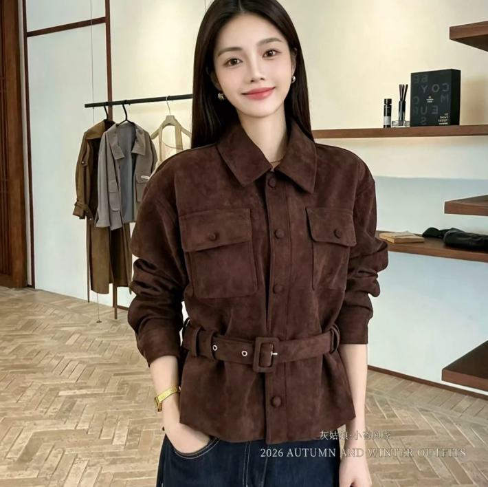 灰姑娘风麂皮绒翻领系带短外套女