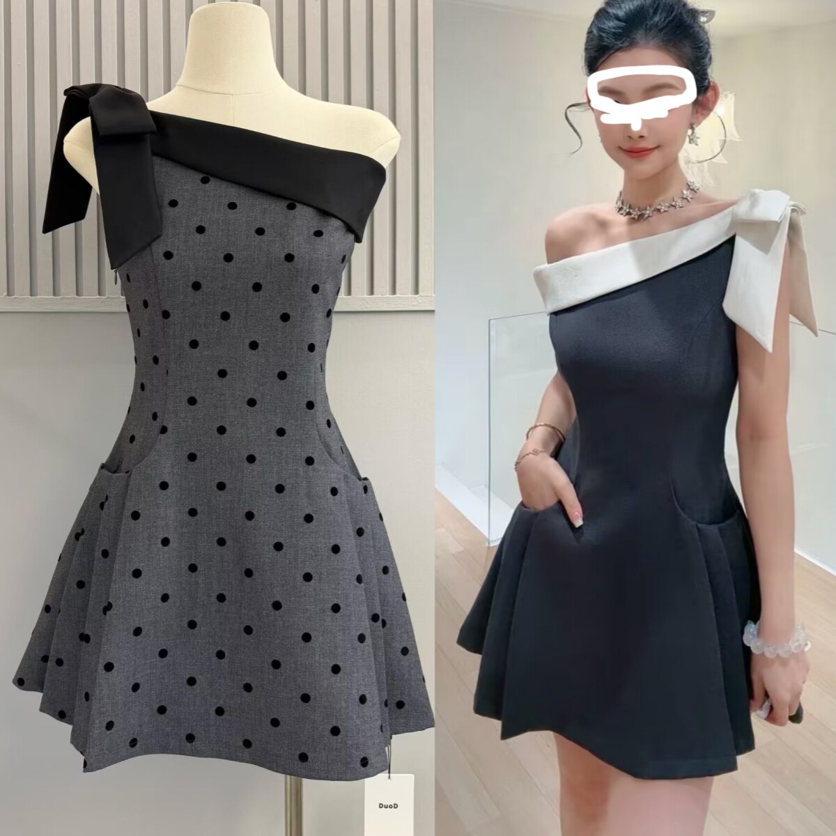 DuoDuo烟灰色波点斜肩连衣裙女2026新撞色蝴蝶结收腰插袋蓬蓬短裙