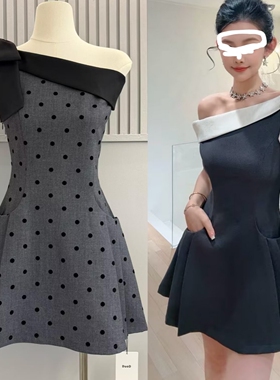 DuoDuo烟灰色波点斜肩连衣裙女2026新撞色蝴蝶结收腰插袋蓬蓬短裙