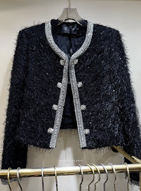 Luo高级感小香风钉珠镶钻编织夹棉短外套女 双排钻扣洋气百搭上衣