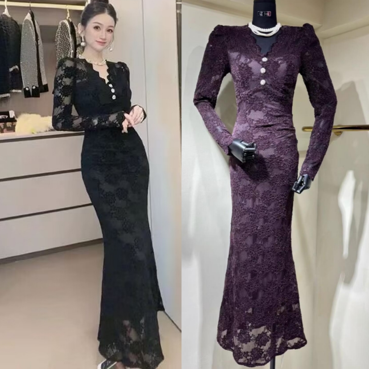 高定轻奢镂空蕾丝透视V领连衣裙