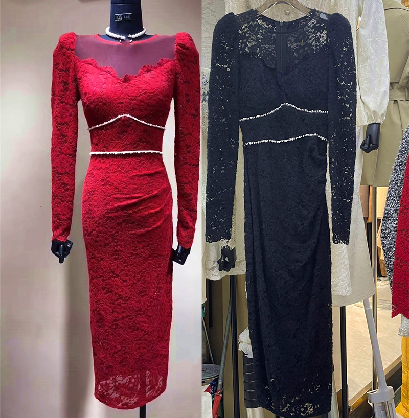 名媛包臀蕾丝纯色显瘦立体珍珠