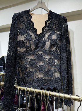 Luo高级感黑色V领磨毛加绒蕾丝衫性感百搭洋气时髦蕾丝上衣打底衫