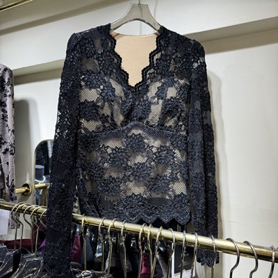 Luo高级感黑色V领加绒加厚蕾丝衫