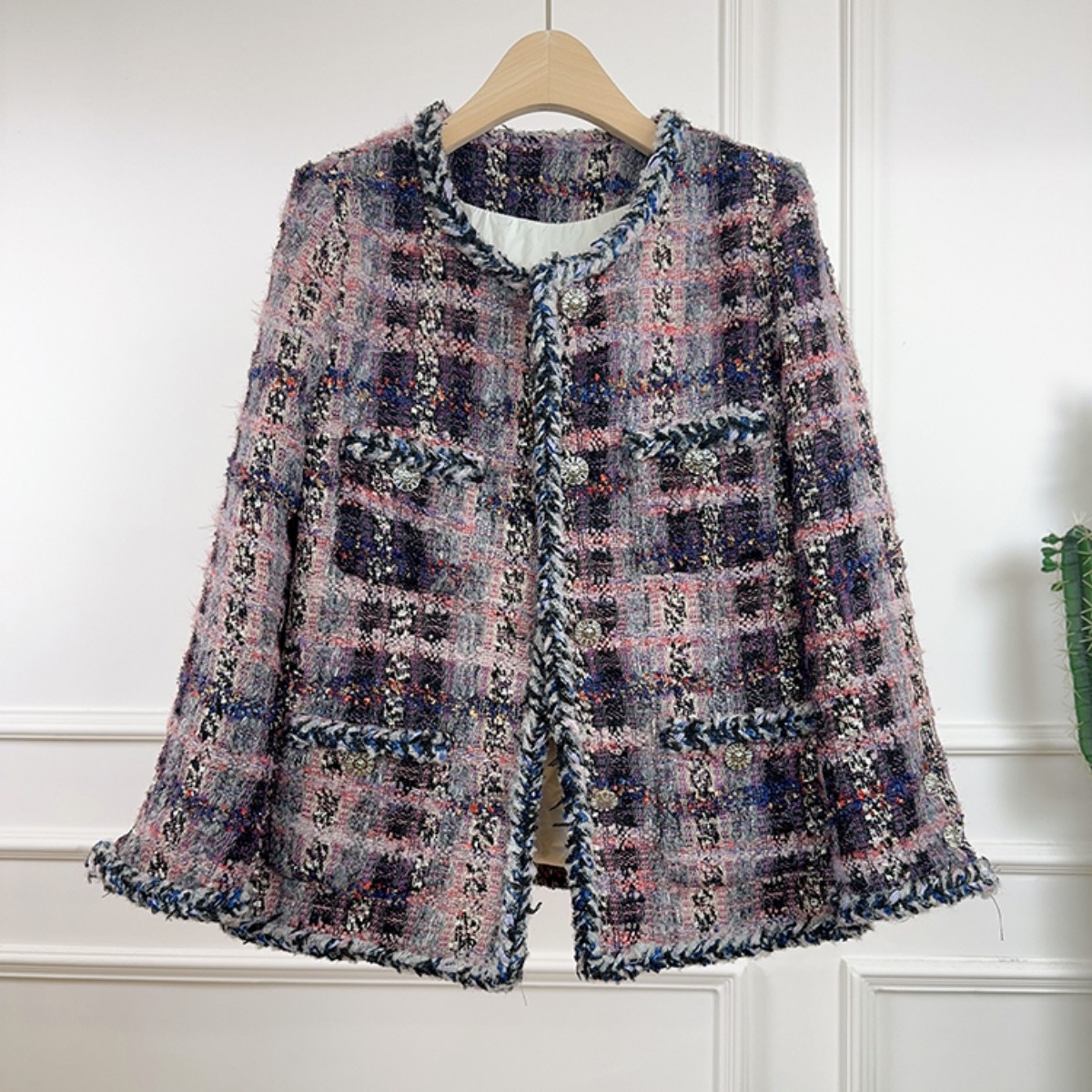 紫色格子羽绒内胆外套呢子大衣