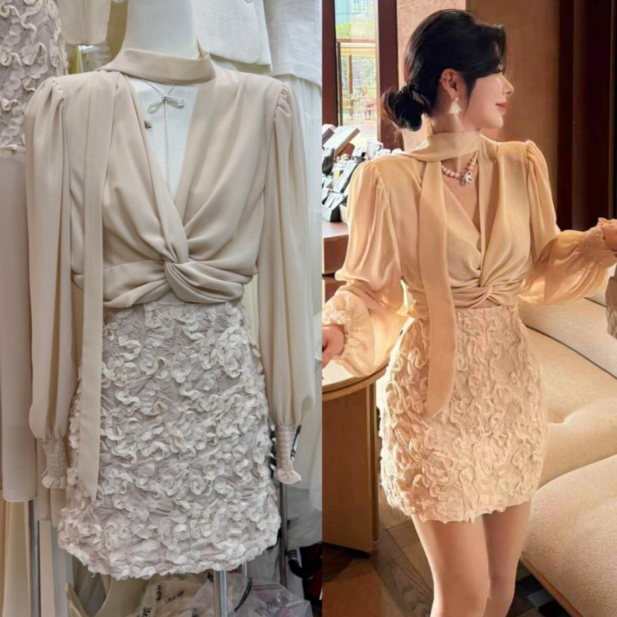 怡熙.法式独特纯色V领交叉上衣女2026绝美小个子立体花瓣短裙套装