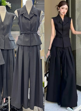 DuoDuo高定黑色西装领无袖马甲上衣女2026西服腰带OL阔腿伞裤套装