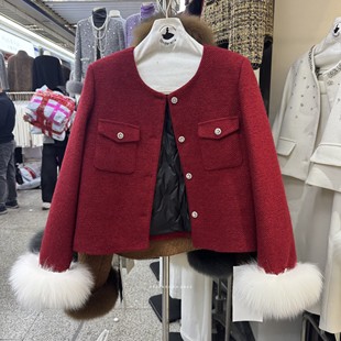 F.CINDERELLA 细闪新年红狐狸毛粗花呢羽绒短外套女 灰姑娘小香风