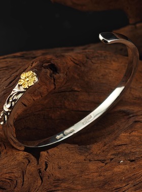 铁头的店925银Dear Blossom 松井镯尾点金蔷薇花浮雕唐草开口手镯
