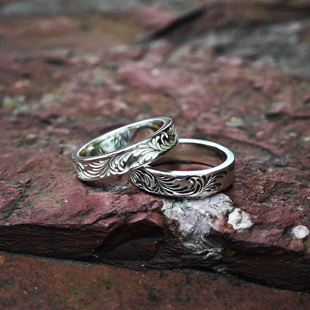 铁头的店 鹫见太郎平打唐草925纯银戒指 手工錾刻窄版情侣款指环