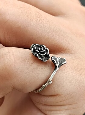 情侣纯银暗黑日系黑玫瑰花戒指
