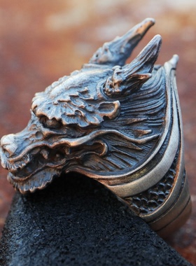 情侣纯银日式龙头戒指做旧款厚重