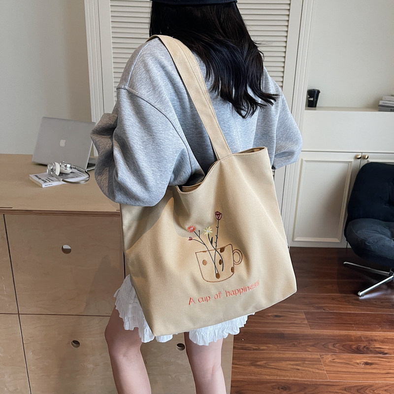 休闲简约帆布托特包女大容量刺绣可定制单肩包通勤手提包