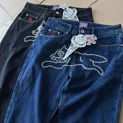 美潮BBC ICECREAM飞狗新款宽松嘻哈街舞灰水钻做旧闪亮直筒牛仔裤