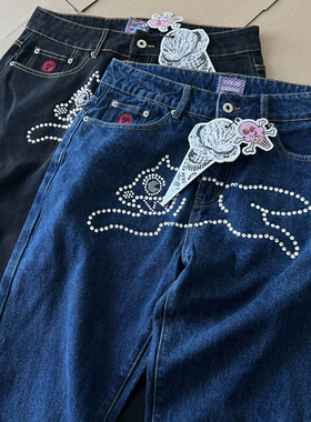 美潮BBC ICECREAM飞狗新款宽松嘻哈街舞灰水钻做旧闪亮直筒牛仔裤