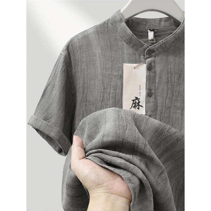 高端亚麻立领短袖t恤男士夏季薄款中国风宽松上衣复古半袖体恤
