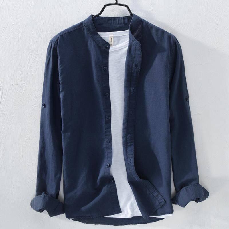 男士亚麻长袖立领衬衫麻布男装青年棉麻料外穿衬衣上衣服外套寸衫