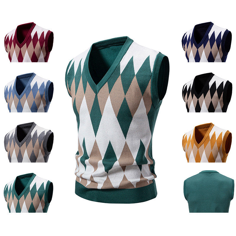 外贸2025冬季新款男士修身毛衣菱形格子青年打底衫修身针织衫外套