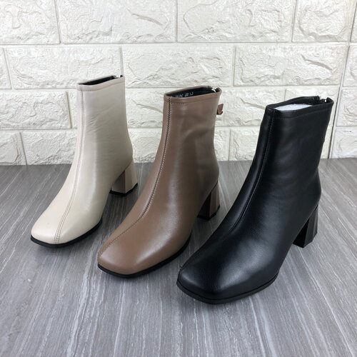 真皮女靴粗跟方头短靴加绒棉靴