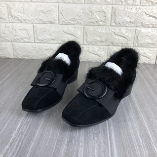 秋冬新款特价处理真皮女鞋粗跟方头法式单鞋加绒保暖深口毛毛鞋