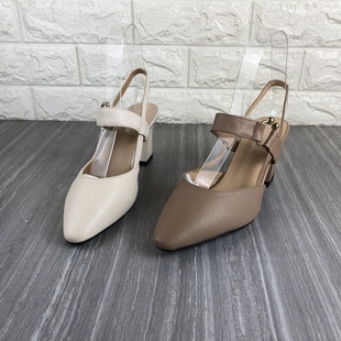 新款断码撤柜处理真皮牛皮女鞋夏季后空包头凉鞋粗跟尖头浅口皮鞋