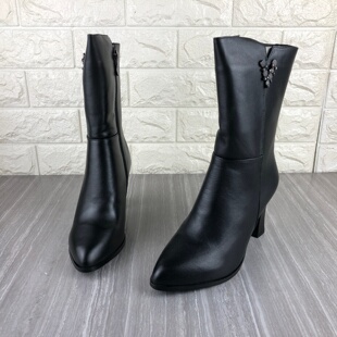 断码处理品牌撤柜真皮女靴头层牛皮粗跟中筒靴秋冬季高跟马丁靴