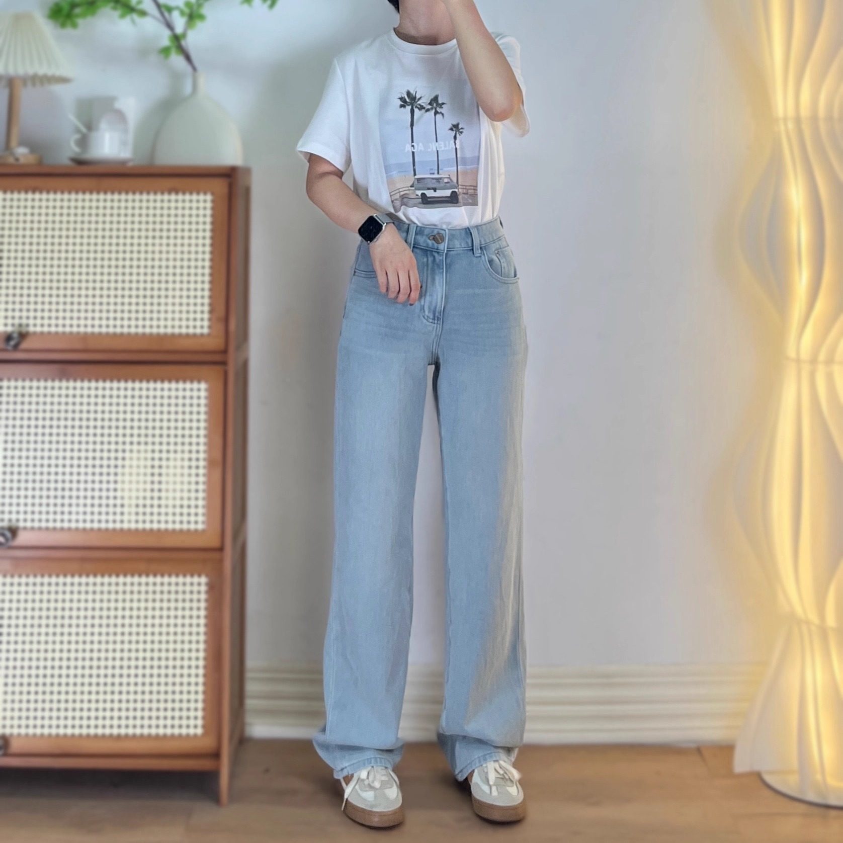 四面弹浅蓝色高腰显瘦窄版牛仔裤