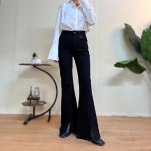 高腰修身 四面弹开叉黑色微喇裤 气质女牛仔喇叭裤 清仓NO退换