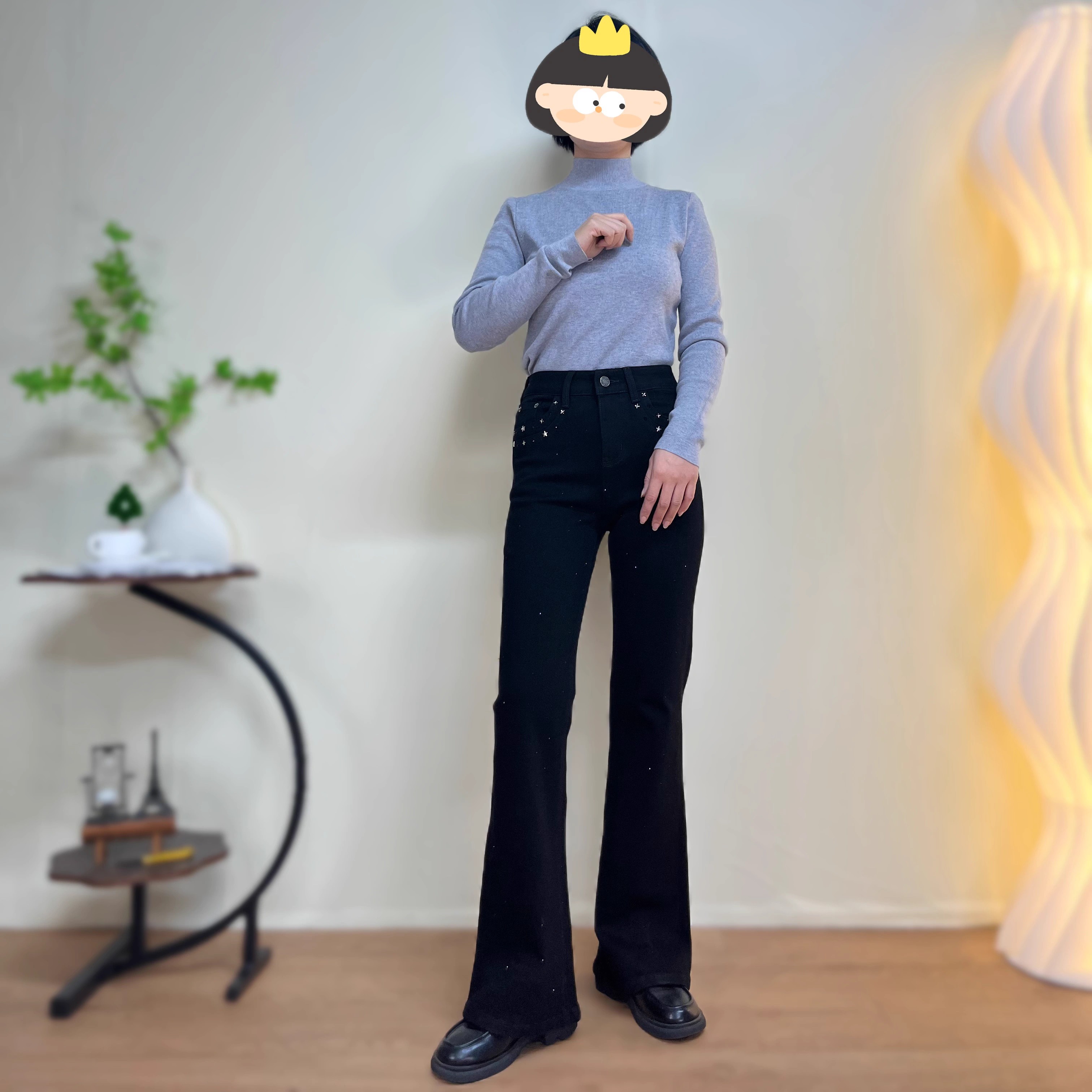 高货黑色高腰弹力牛仔微喇裤女修身显瘦女神裤重工烫钻金属马蹄裤