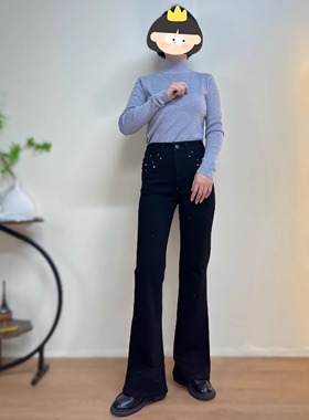 高货黑色高腰弹力牛仔微喇裤女修身显瘦女神裤重工烫钻金属马蹄裤