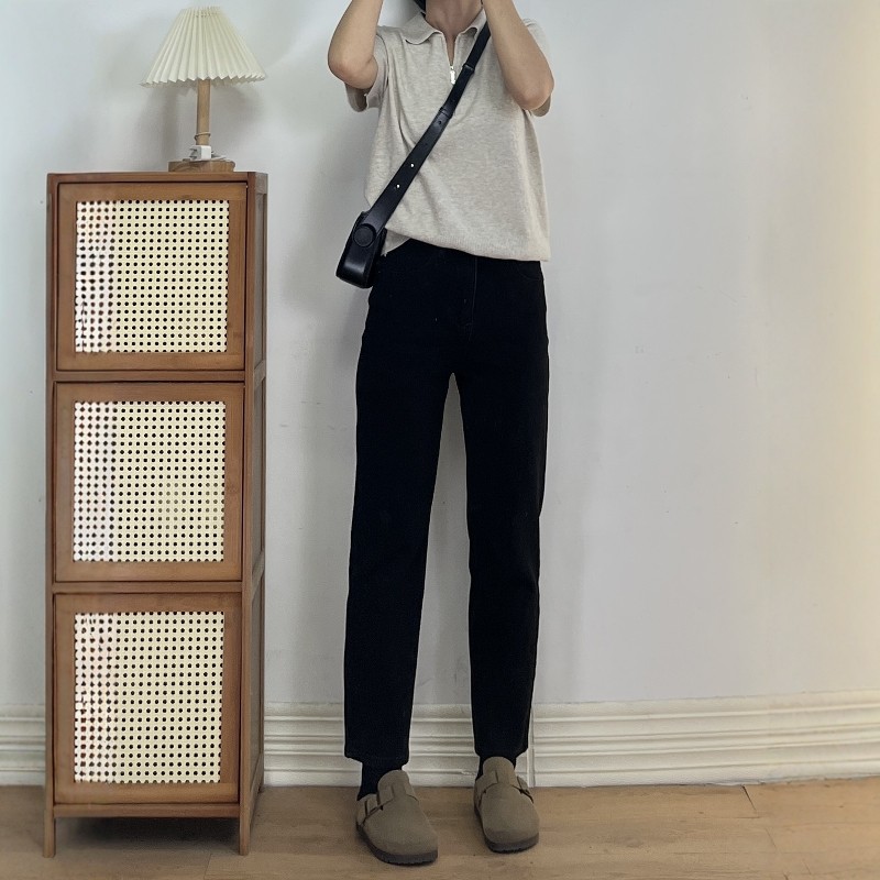 【清仓不退换】四面弹加绒黑色高腰显瘦法棍牛仔裤女保暖九分烟管