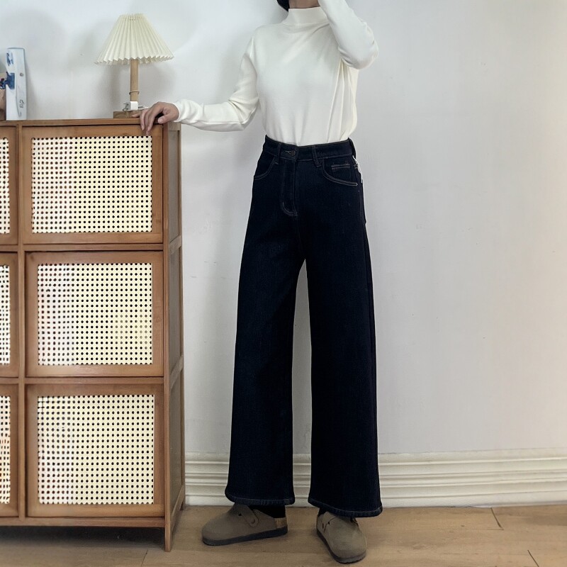 【清仓不退换】加厚密密绒高腰直筒牛仔裤女冬款普洗蓝阔腿九分裤