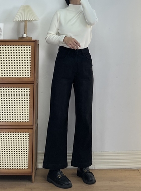 四面弹加绒黑色高腰显瘦直筒微喇叭牛仔裤女冬款保暖百搭九分裤子