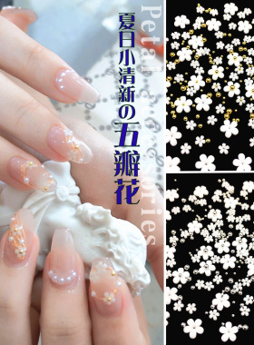 爆款清新美甲白色小花花五瓣花网红仙仙款珍珠钢珠指甲混装花朵钻