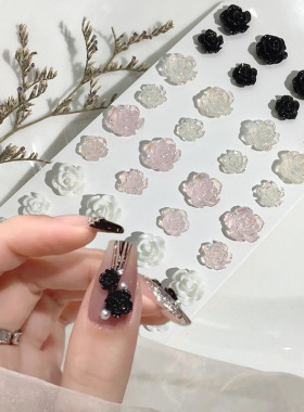 100颗美甲极光山茶花白色黑色冰透混合立体玫瑰花盒装混装指甲贴